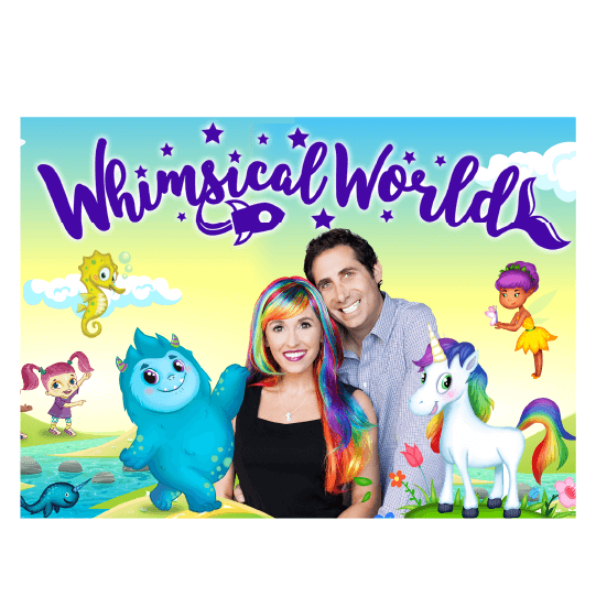 Husband and wife authors smiling and surrounded by a colorful, illustrated world with various characters. Text: Whimsical World.