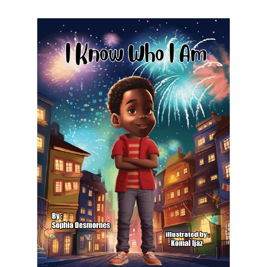 Boy smiling and standing with arms crossed in the middle of an empty city street with apartments and fireworks in the background. Text: I Know Who I Am.