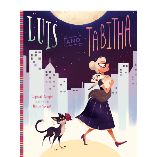 With a nightime city background, a woman walking away quickly with her cat in her arms, who looks longingly at the cat on the ground with a rose in its mouth. Text: Luis and Tabitha.