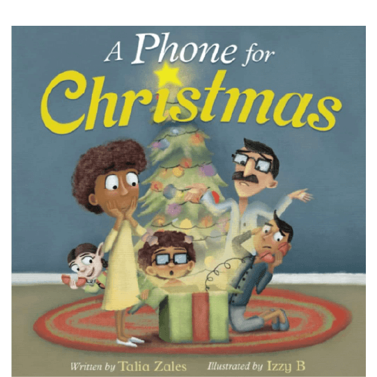 Family of four looking shocked at a Christmas present, which contains a rotary phone. One family member is holding the handset, while an elf hiding behind the Christmas tree is also holding a handset. Text: A Phone for Christmas.