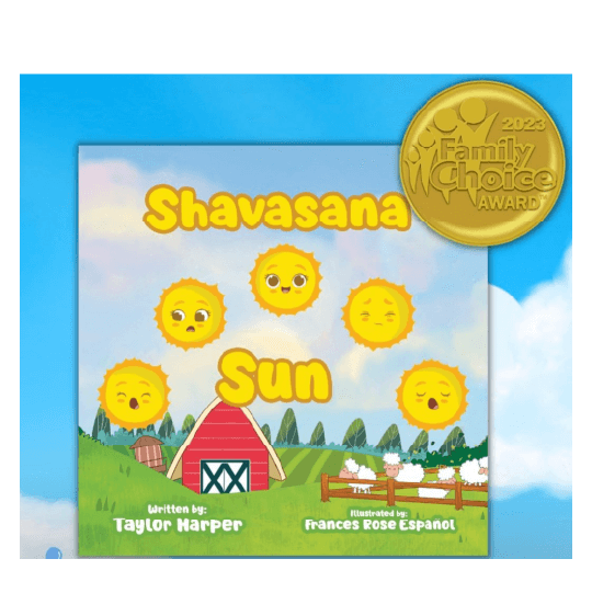 Five suns with different expressions above a red barn and sheep in a pen. Text: Shavasana Sun. 2023 Family Choice Award.