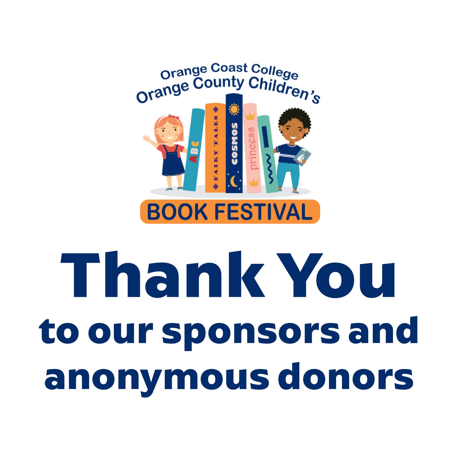 Orange County Children's Book Festival Orange Coast College logo. Text: Thank you to our sponsors and anonymous donors.