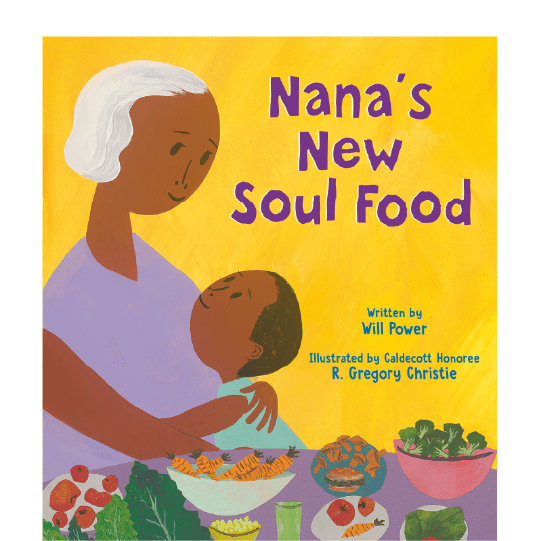 Grandma and little boy embracing and looking at each other near a table of food. Text: Nana’s New Soul Food.