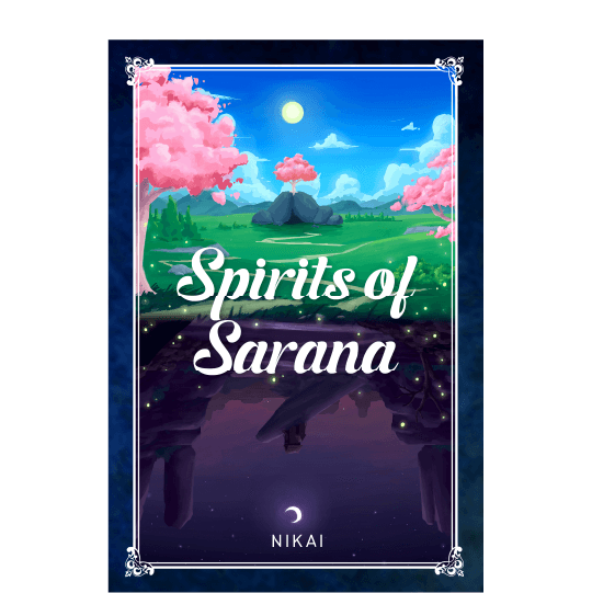 Top half features a serene landscape with pink trees; bottom half features an upside down night landscape with a rock-like formations. Text: Spirits of Sarana. By Nikai.