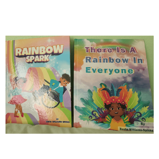 On a rainbow path, a young dancer is posing next to a boy in a wheelchair leaning backwards with one hand on the ground. Text: Rainbow Spark. Second book cover: Young girl in a colorful, cultural costume standing with arms out. Text: There Is a Rainbow in Everyone.