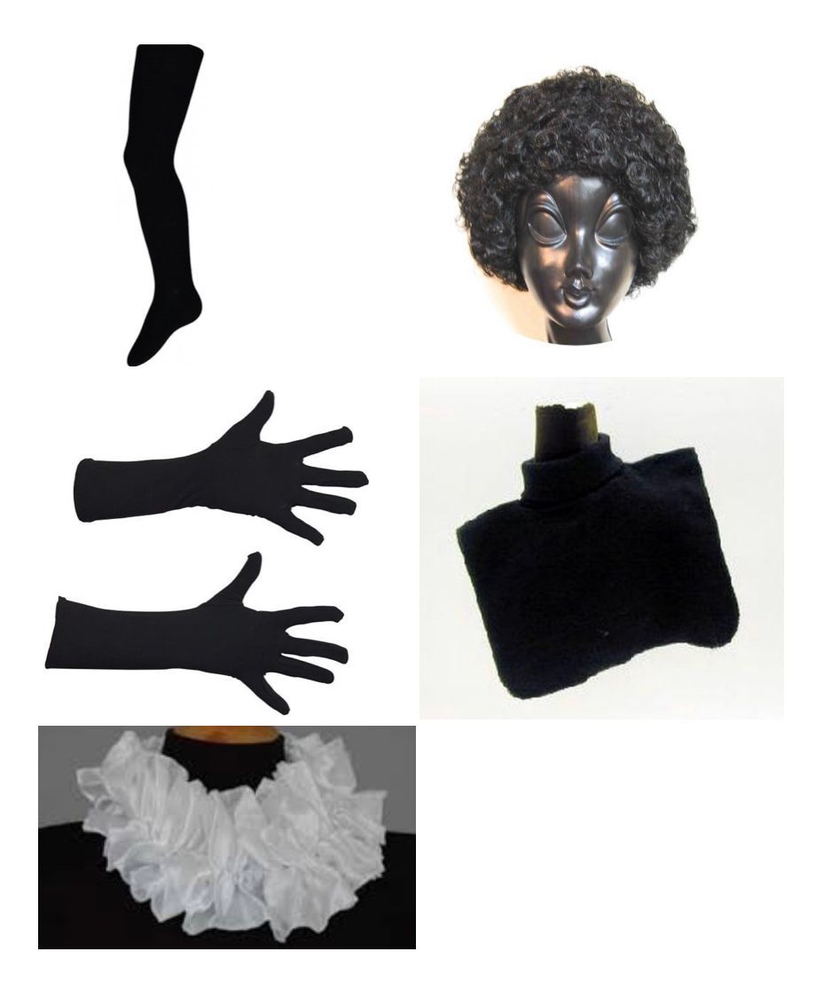 Zwarte kleding en accessoires: kousen, handschoenen, sjaal en een krullende pruik of masker.