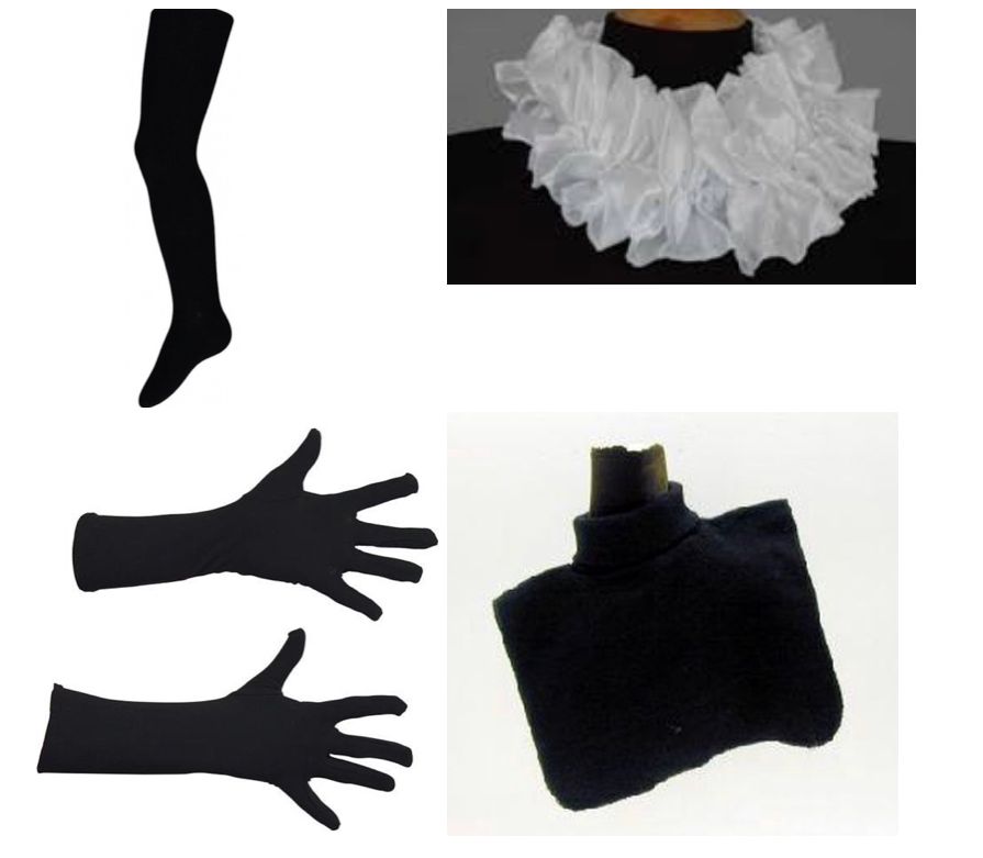 Zwarte panty, witte kraag met ruches, zwarte handschoenen en een zwarte coltrui, afgebeeld op een witte achtergrond.