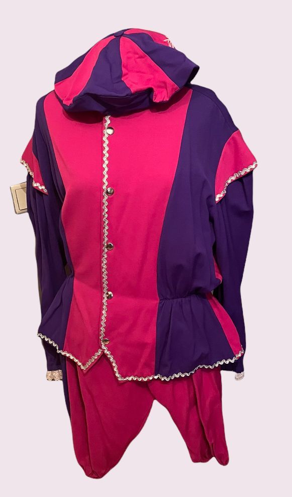 Roze en paarse outfit met capuchon, ritssluiting aan de voorkant en broek met trekkoord, op een effen achtergrond.