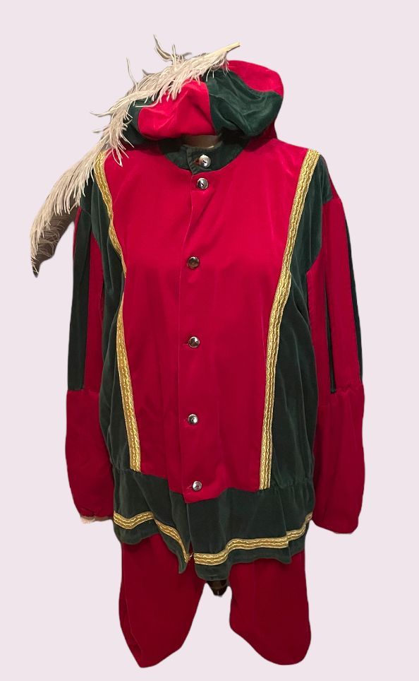 Rood-groene kerstoutfit met gouden versiering en een puntige elfenmuts op een witte achtergrond