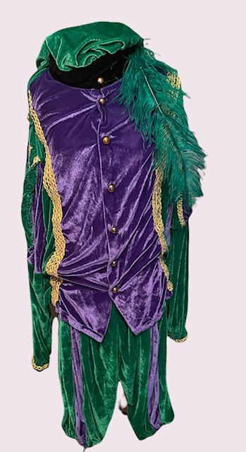 Paars en groen pailletten Mardi Gras-kostuum met gouden accenten op een effen achtergrond