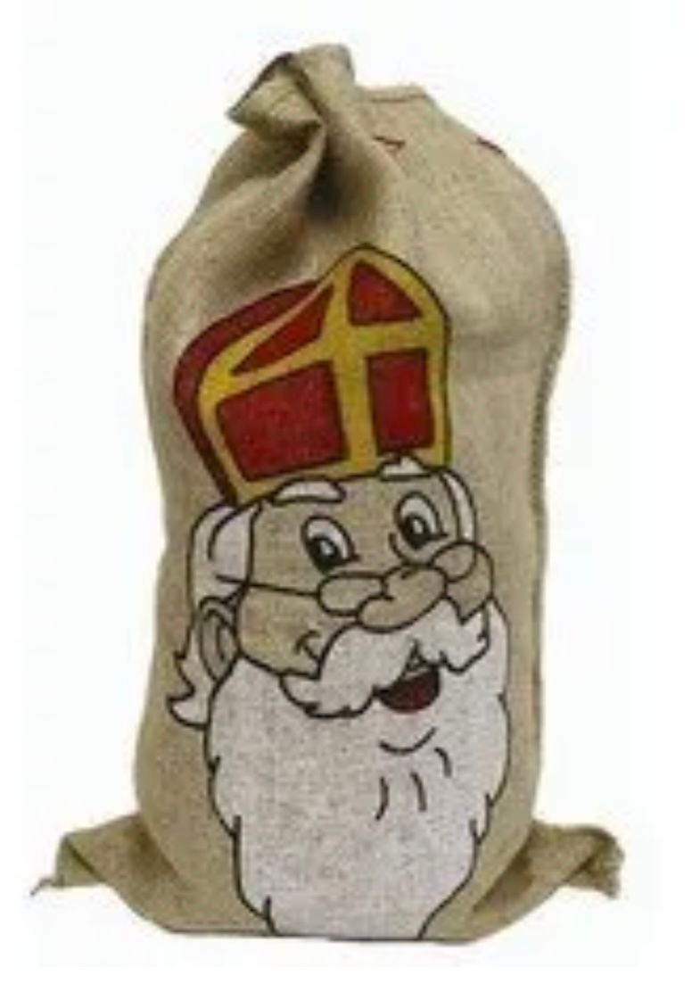 Jutezak met een lachend cartoongezicht van de kerstman en een rood-gouden muts.