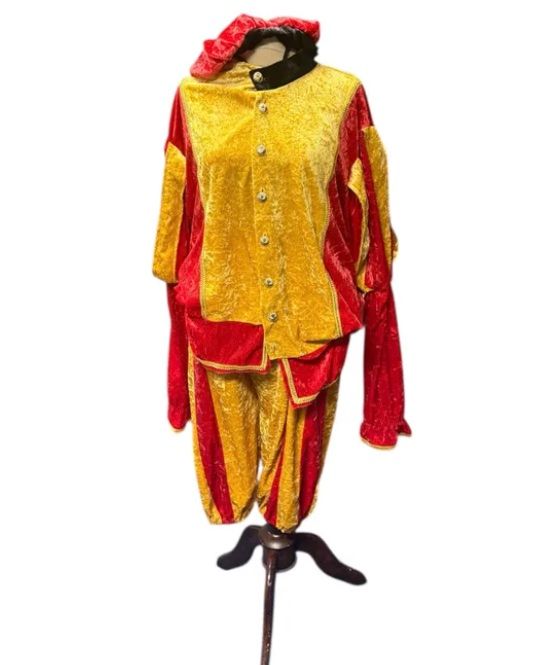Een rood-gouden narrenkostuum op een paspop, tentoongesteld op een standaard.