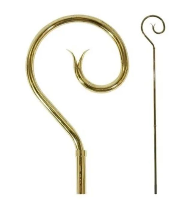 Gouden decoratieve metalen staaf met spiraalvormige bovenkant, voor- en zijaanzicht weergegeven op een witte achtergrond.