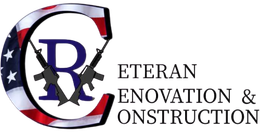 Logo for Veteran Renovation & Construction with American flag, crossed rifles, and 