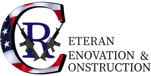 Logo for Veteran Renovation & Construction with American flag, crossed rifles, and 