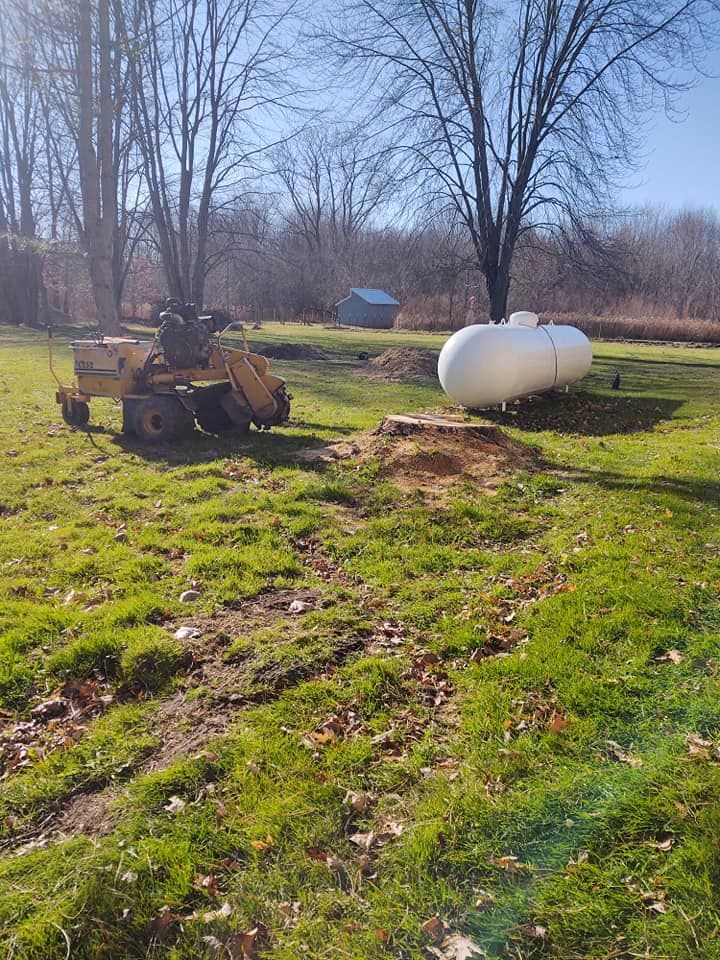Stump grinder next to a tree stump and propane tank in a grassy yard under a blue sky.