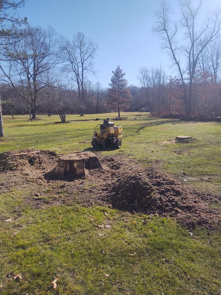 Stump grinder removes tree stump in a grassy yard, surrounded by trees under a clear blue sky.