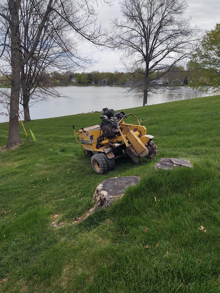 Yellow stump grinder next to a lake, grinding a stump on a grassy hill.
