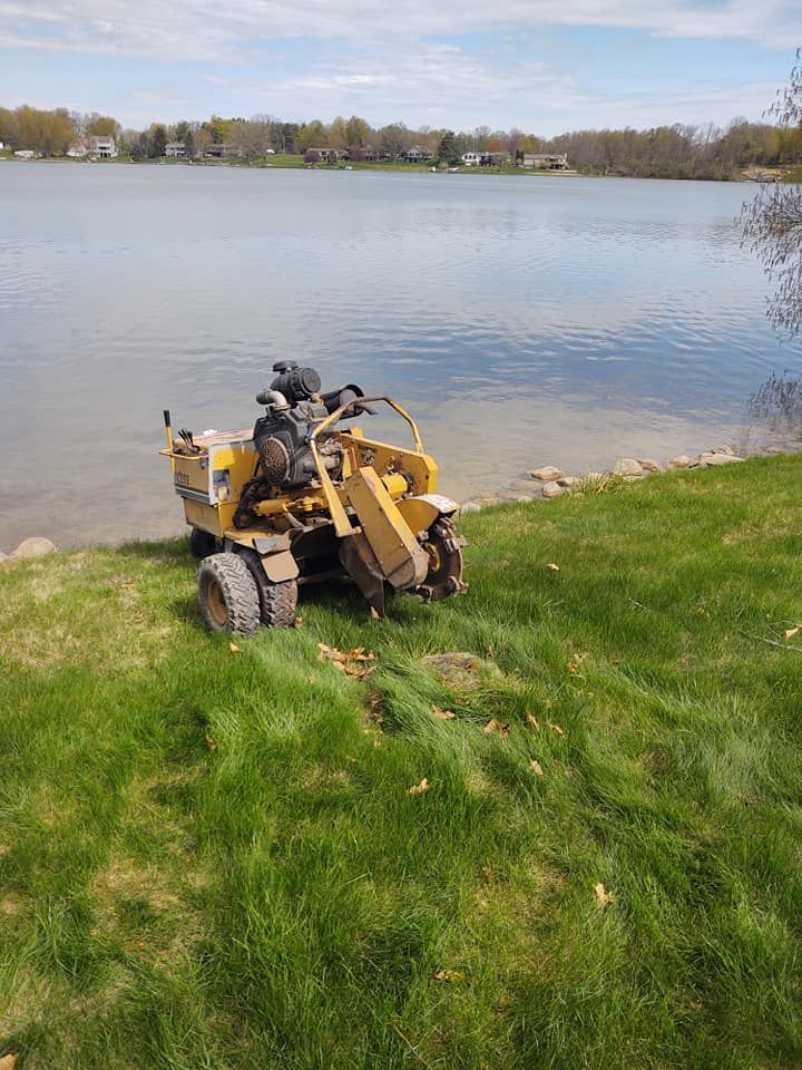 Yellow stump grinder on grassy bank near a lake. Trees and houses in the background. Cloudy sky.