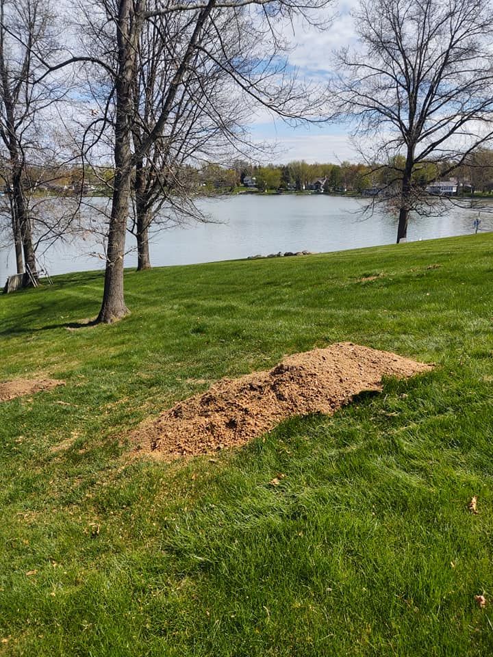 A mound of brown dirt on a grassy hill overlooking a lake with trees.