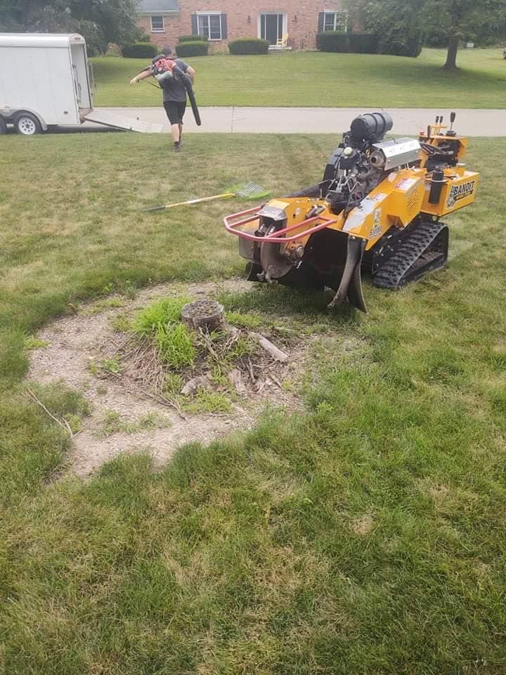 A stump grinder grinding a tree stump in a yard. A person walks toward a trailer with a leaf blower.