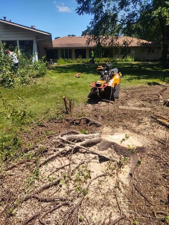 A stump grinder working on a tree stump in a grassy yard, near a house.