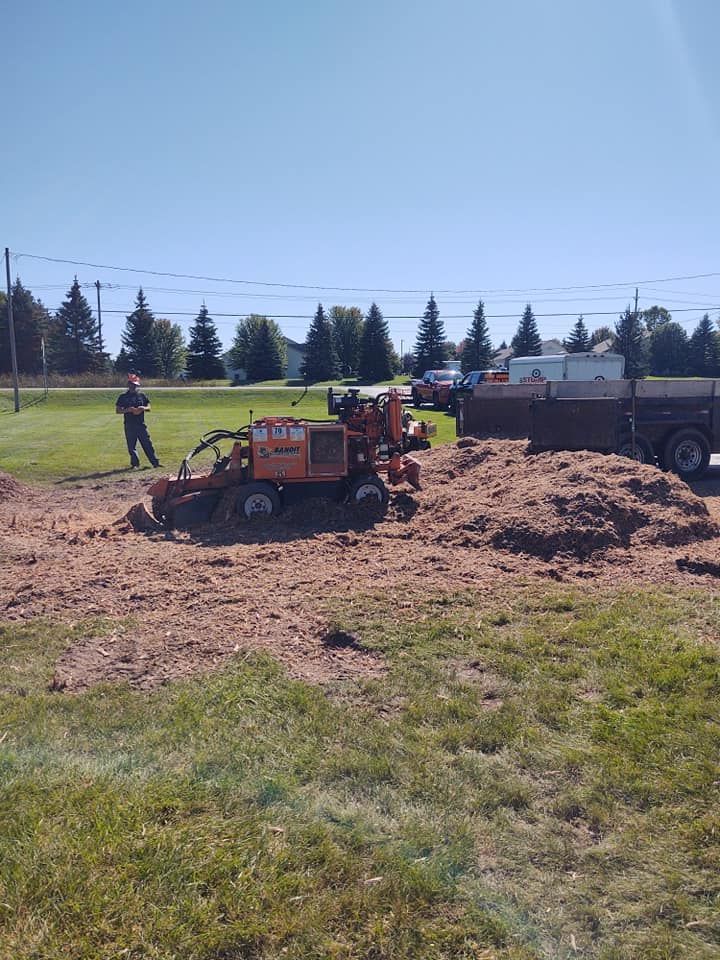A stump grinder, operated by a person, grinds a tree stump on grass; wood chips pile onto a truck.