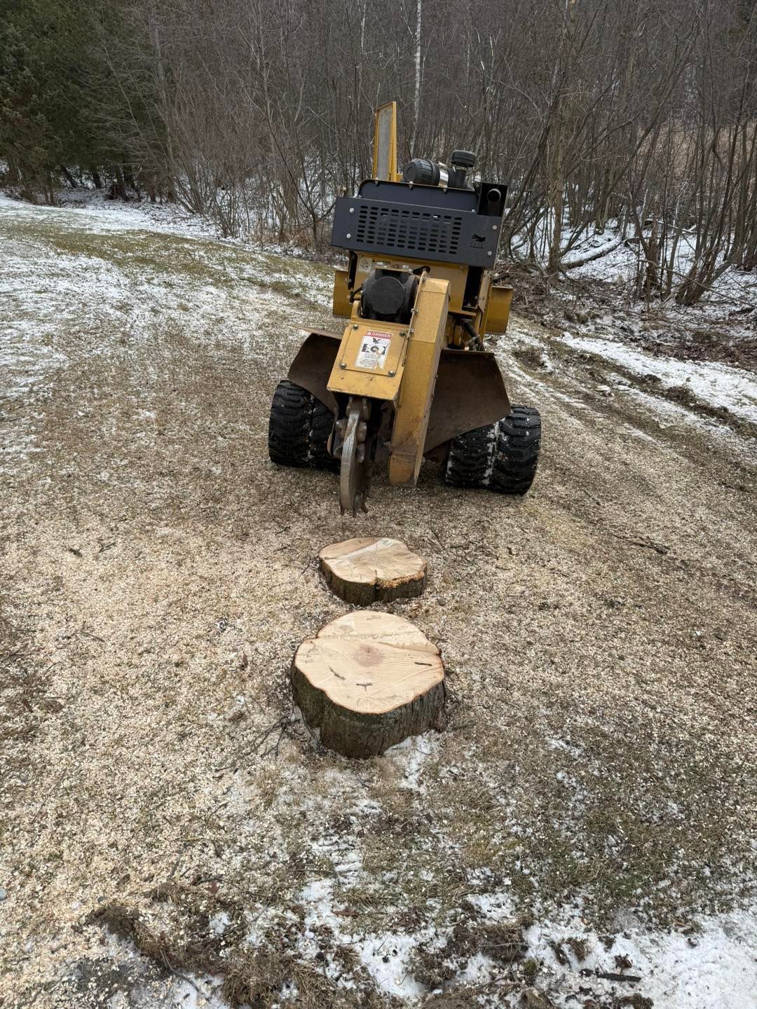A yellow stump grinder removing tree stumps in a snowy, outdoor setting, surrounded by wood shavings.