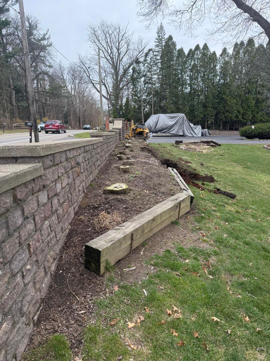 A stone retaining wall with freshly cut tree stumps along a grassy slope. A small excavator sits in the distance.