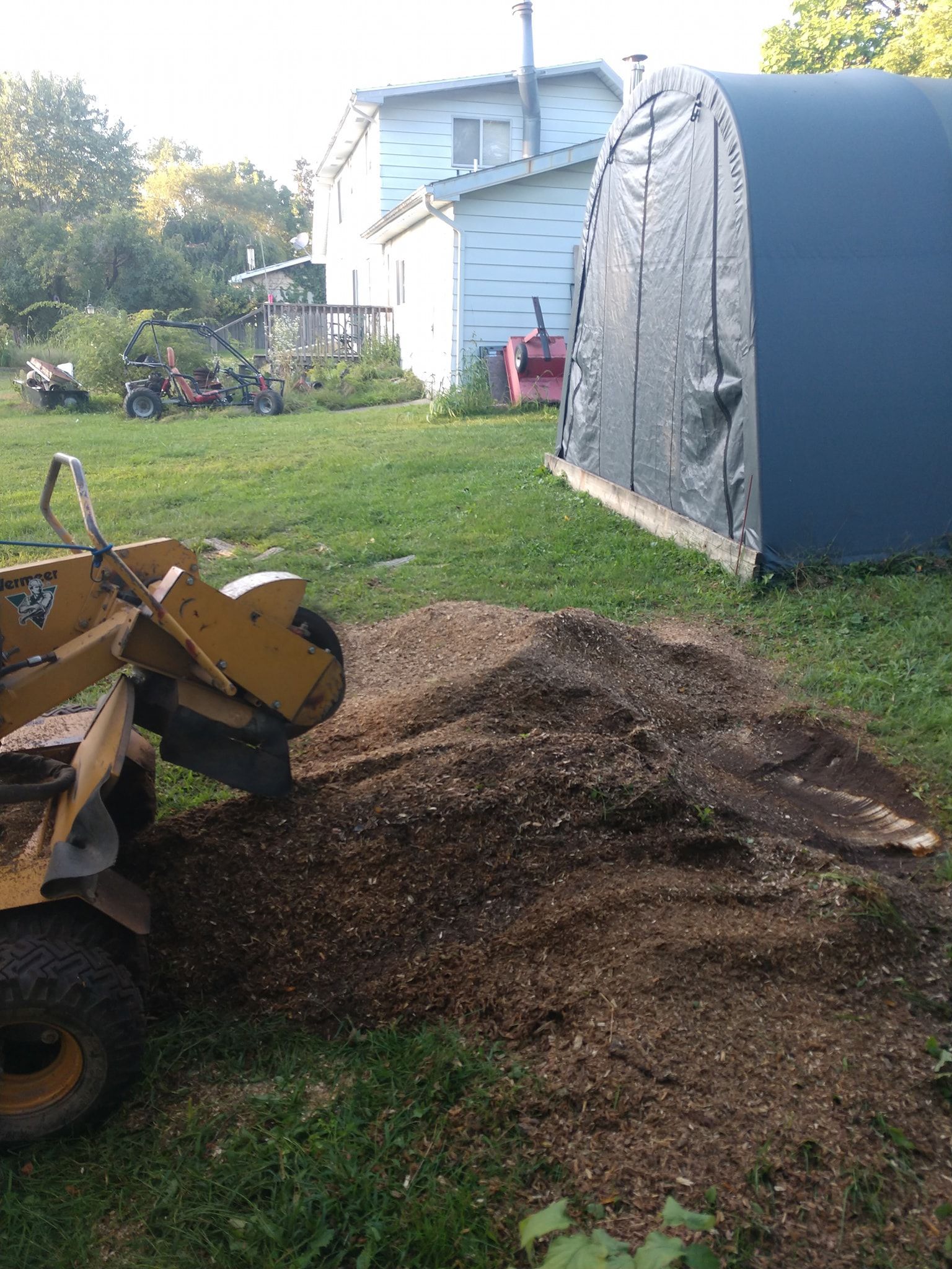 A stump grinder sits on grass next to a pile of wood chips. A house and shed are in the background.