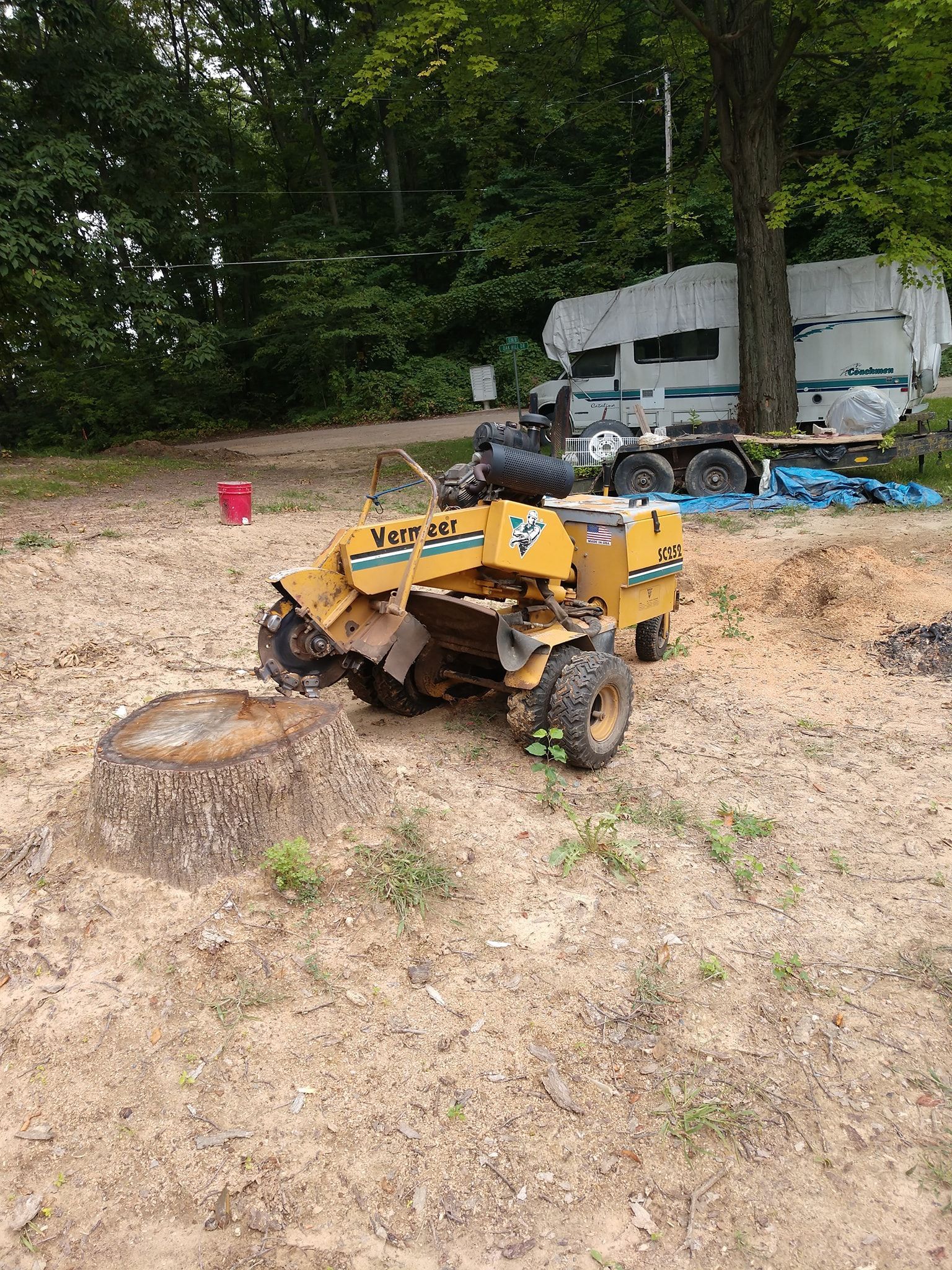Yellow stump grinder grinding a tree stump in a yard, RV in the background.