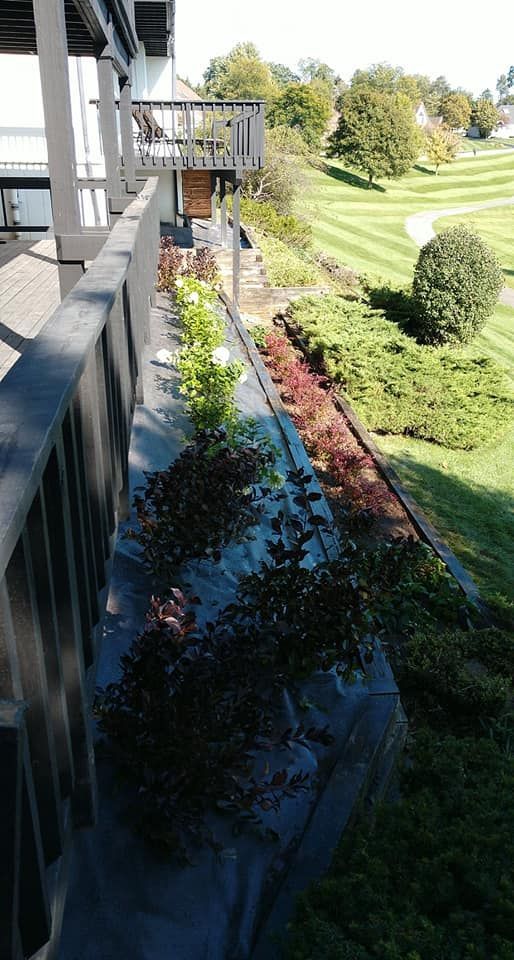 Balcony view overlooking a tiered garden with shrubs and colorful plants; golf course in background.