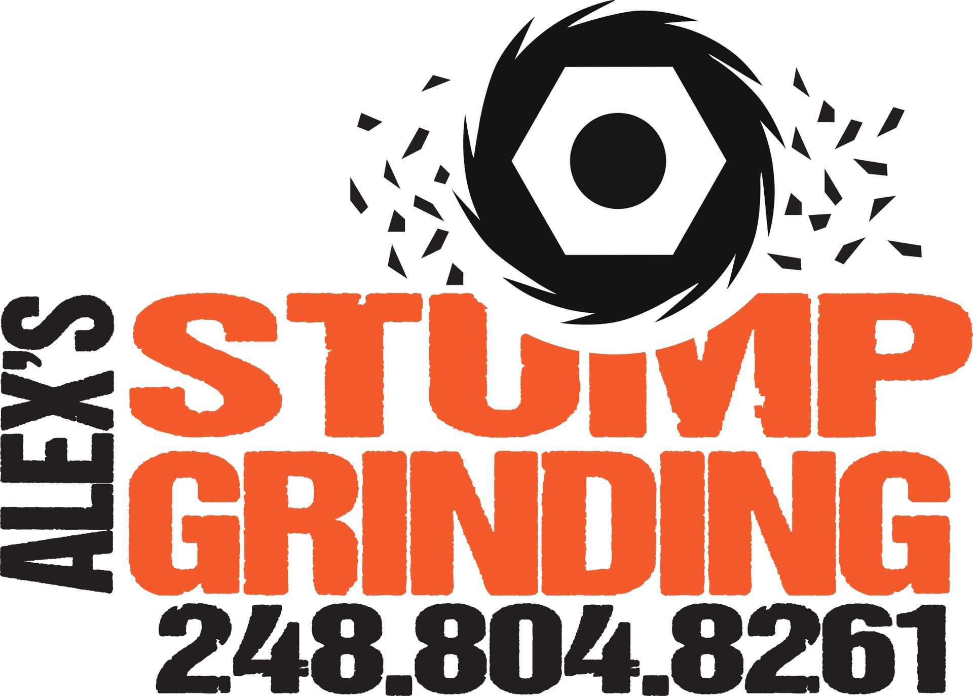 Alex's Stump Grinding logo with orange text and a black and white nut grinding. Phone number: 248.804.8261
