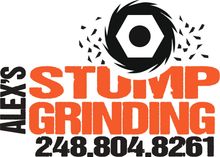 Alex's Stump Grinding logo with orange text and a black and white nut grinding. Phone number: 248.804.8261
