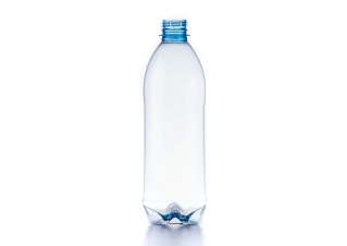 Clear plastic water bottle with a blue cap against a white background.