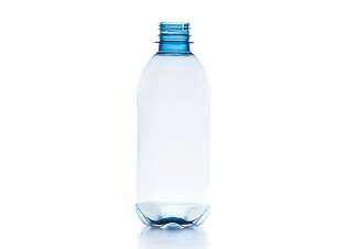 Empty blue plastic water bottle on white background.