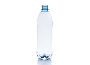 Clear plastic water bottle, blue cap, on white background.