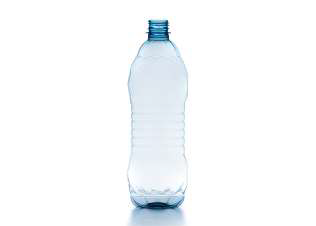Empty plastic water bottle, clear with blue cap, on white background.