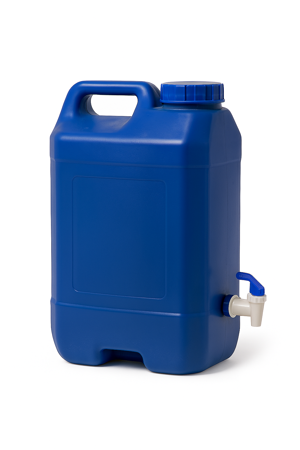 Blue 25lt plastic water container with handle, cap, and spigot.