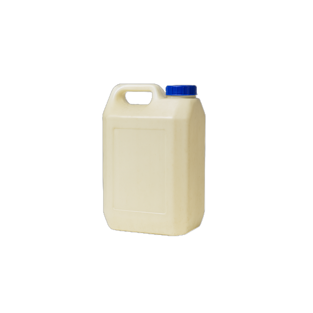 Beige 25lt plastic jug with a blue cap and a handle.