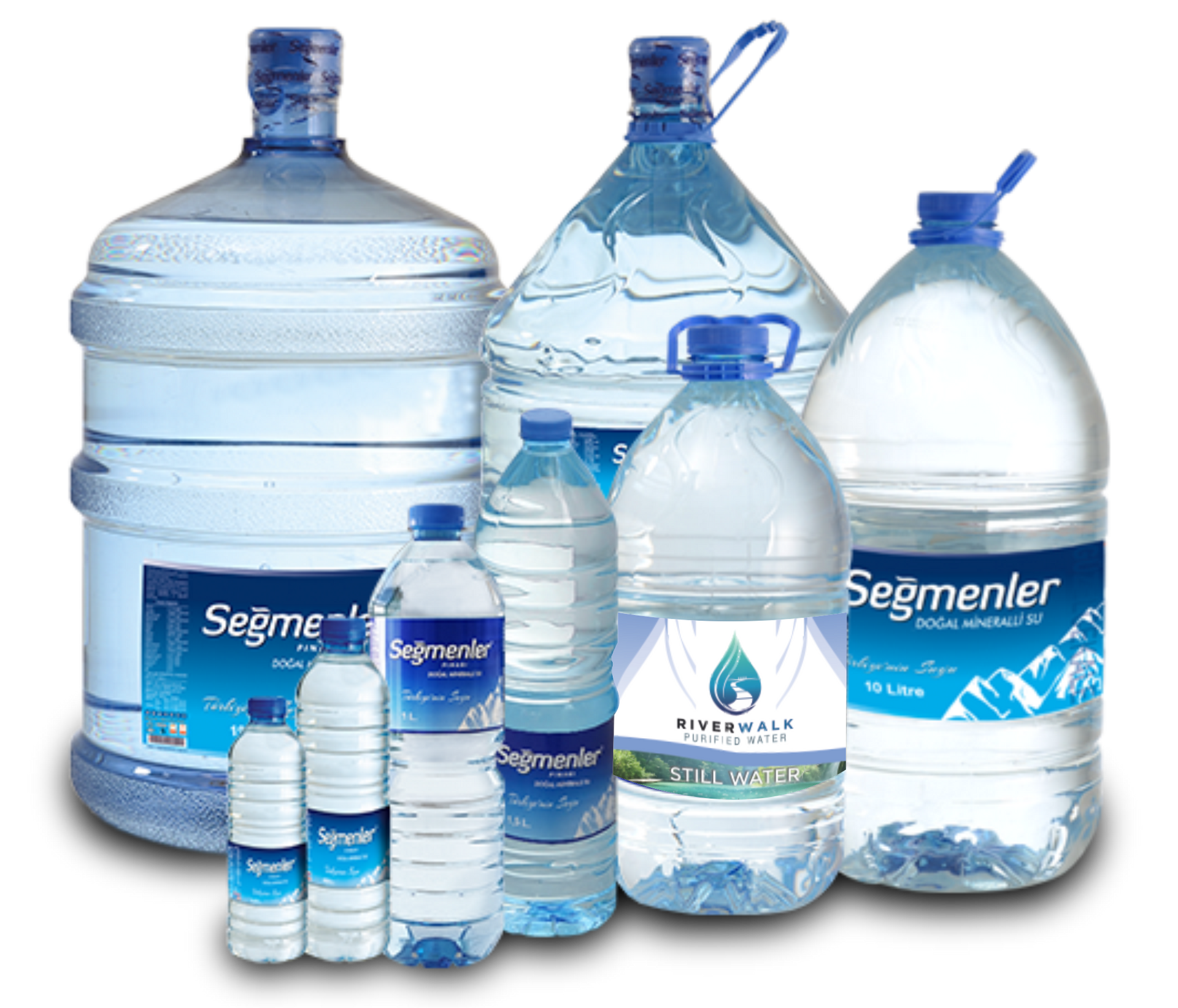 Assorted sizes of branded bottled water containers to illustrate branding opportunities at Riverwalk Water.