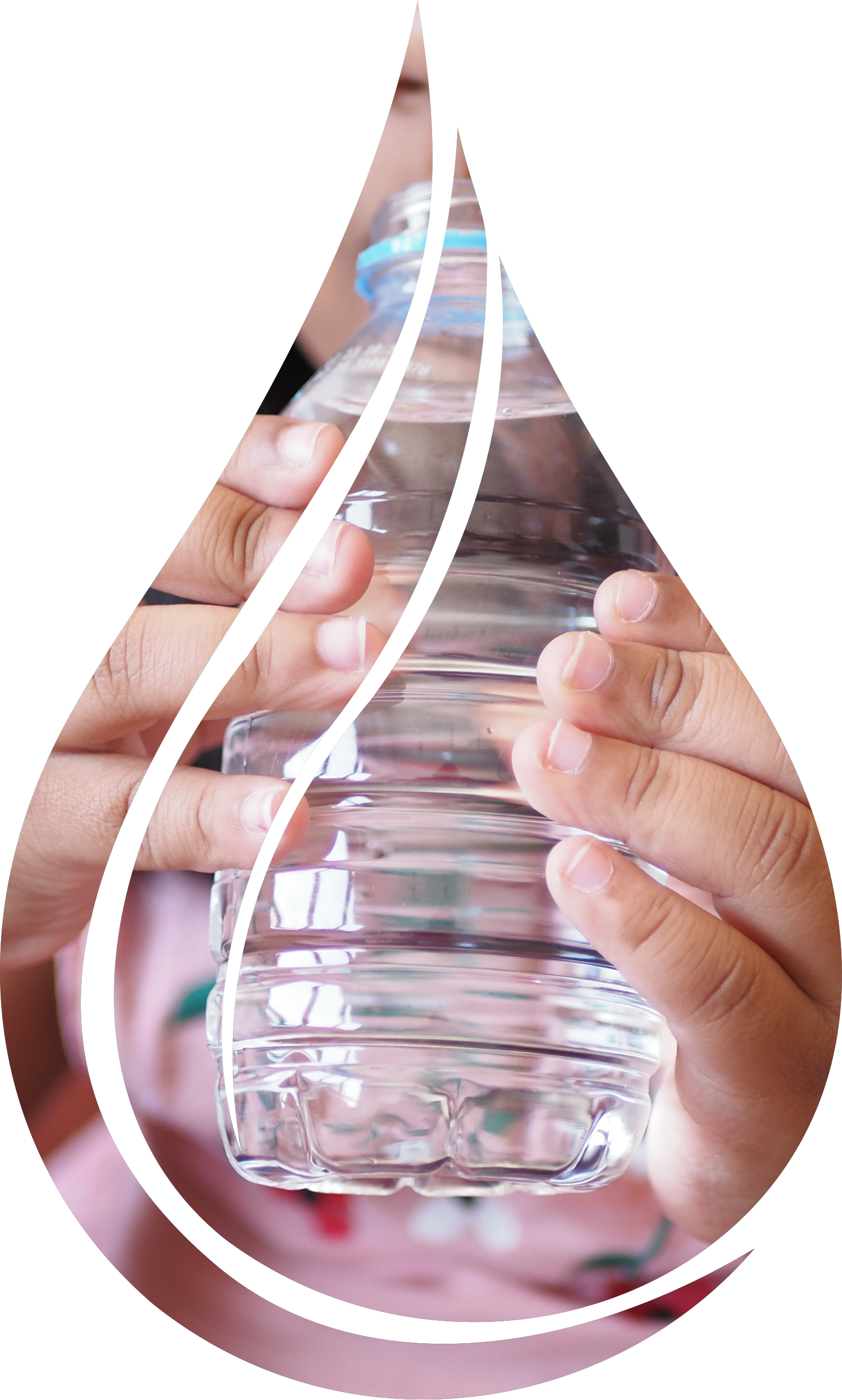Person holding water bottle, enclosed in a water droplet shape with white accents.