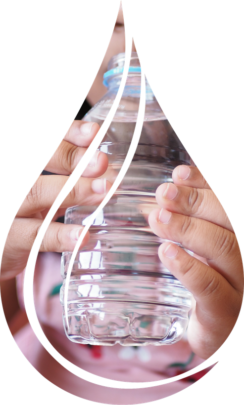 Person holding water bottle, enclosed in a water droplet shape with white accents.