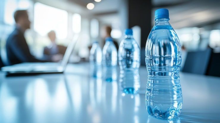 Bottled water on a table in a bright office, with blurred people in the background.