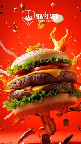 Un doppio cheeseburger con lattuga, pomodoro e pancetta galleggia tra gli ingredienti che schizzano su uno sfondo rosso acceso.