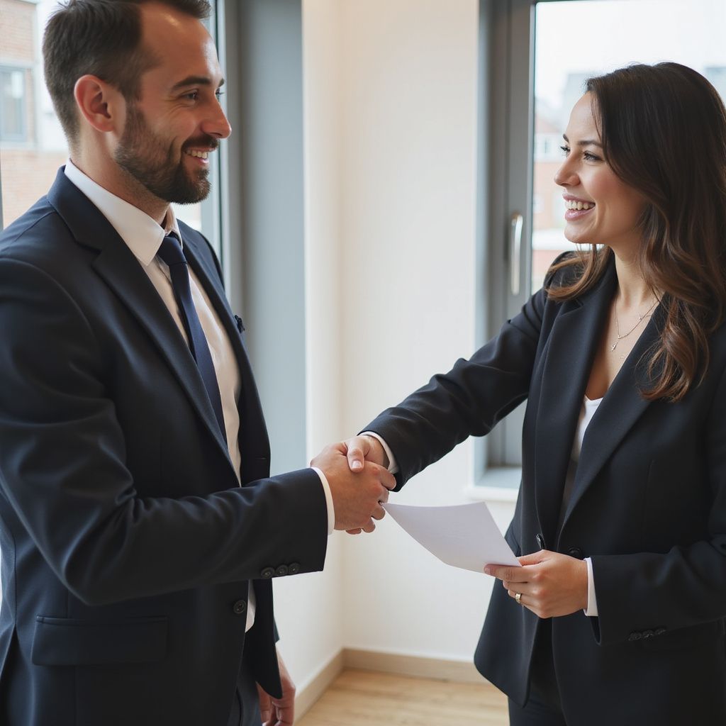 Man and woman in suits shaking hands, smiling. Holding papers near a window.