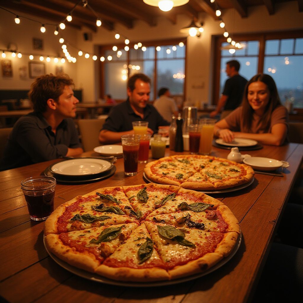 People eating pizza at a restaurant table. Two pizzas, drinks, and string lights visible.