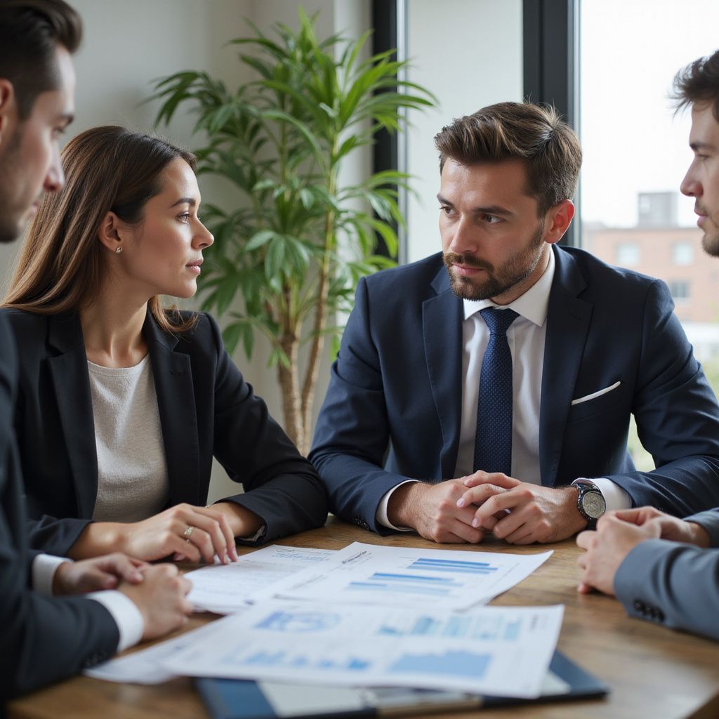Business team in suits reviewing documents at a table, discussing and looking at each other.