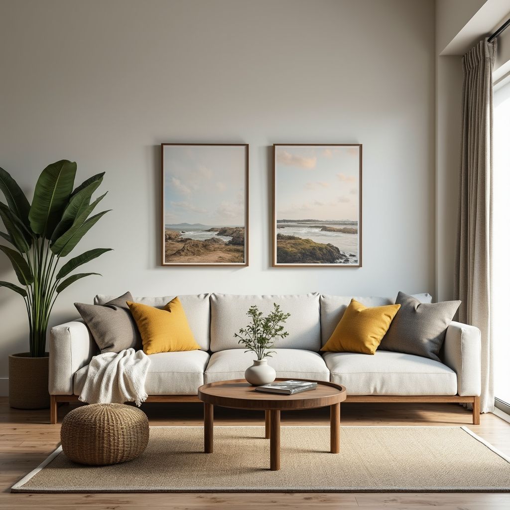 Living room with cream couch, art, plants, rug, and round wooden coffee table.