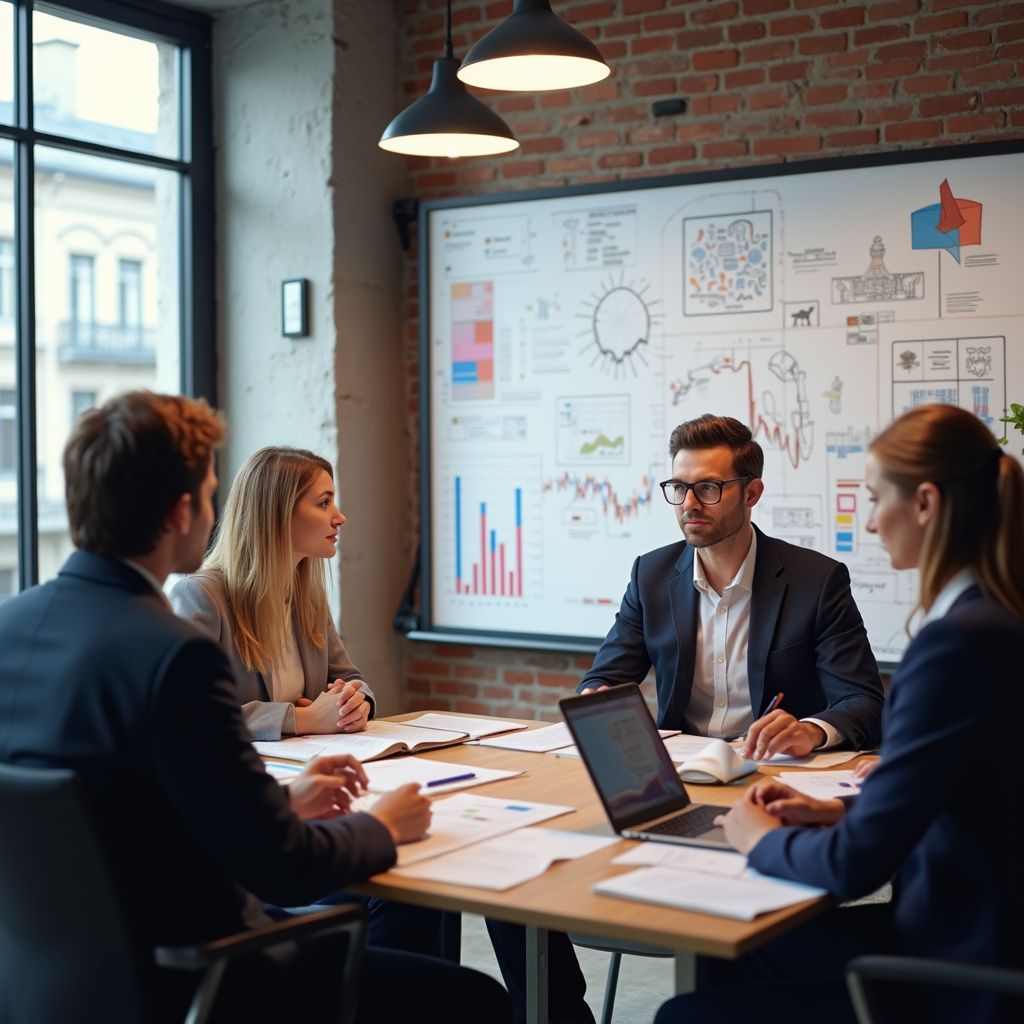 Businesspeople in a meeting around a table, whiteboard with charts and diagrams in the background.